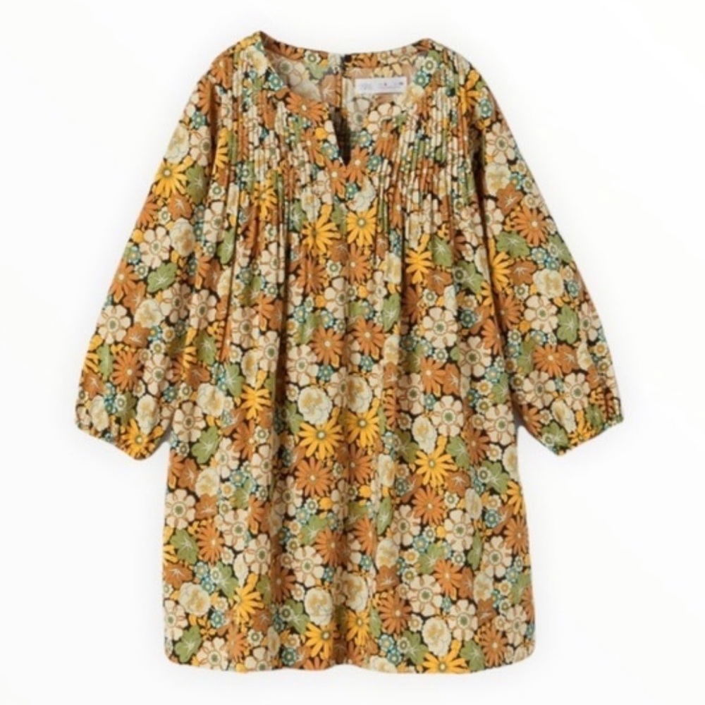 EUC Zara Girls Holiday Thanksgiving Floral Viscose Dress in Brown Green 11-12